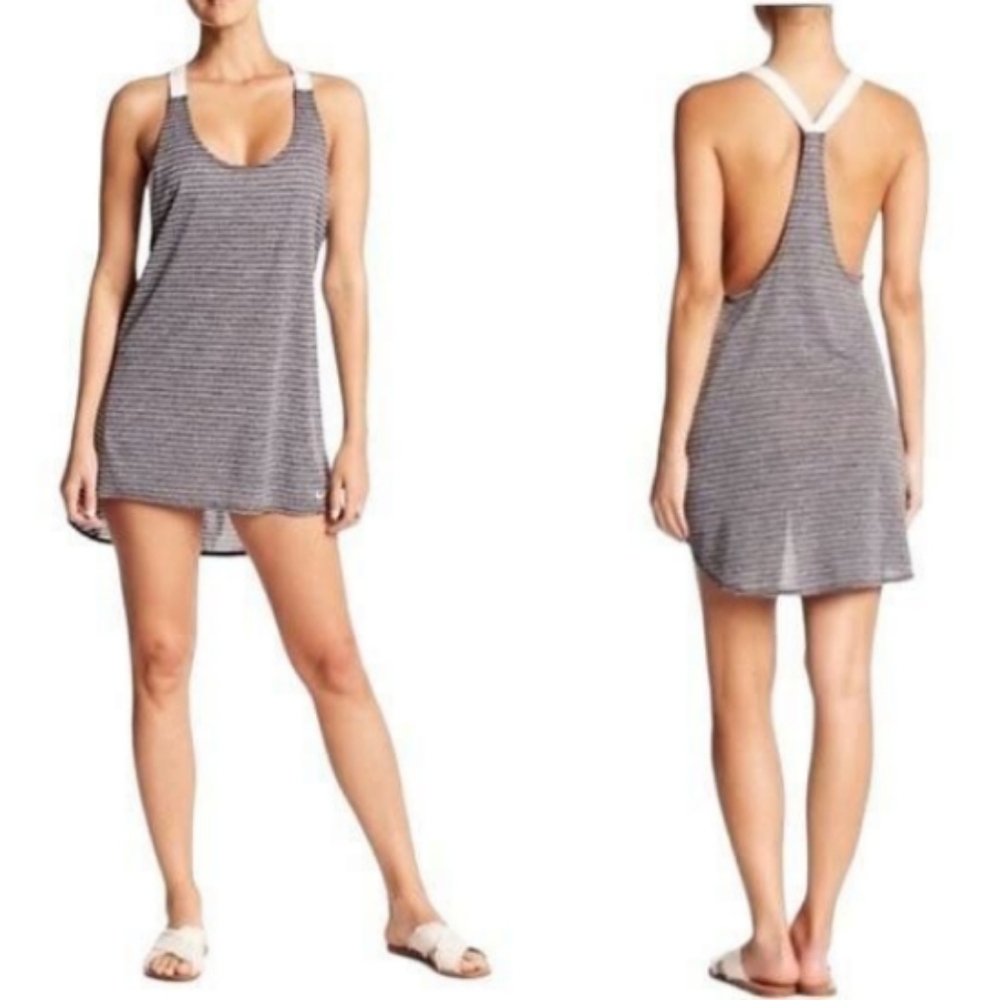 Nike Gray White Striped High Low Sleeveless Tank Dress Swim Cover Up, Nwt Size L